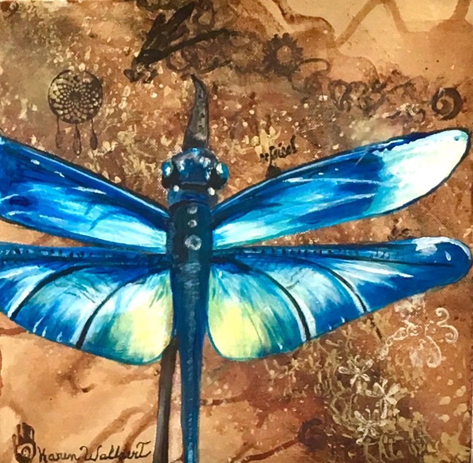 Blue dragonfly art on textured brown background.