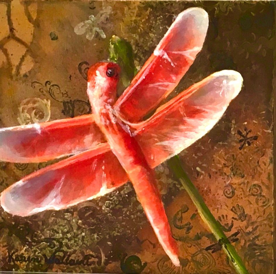 Dragonfly made of meat, red and white wings, green stem, brown background with gold accents.
