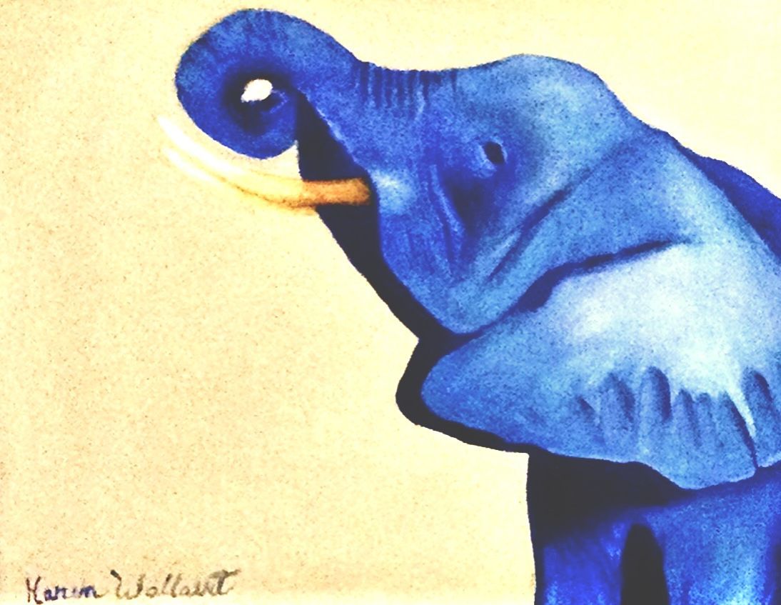 Blue elephant raising trunk, tusks visible, against a beige background.