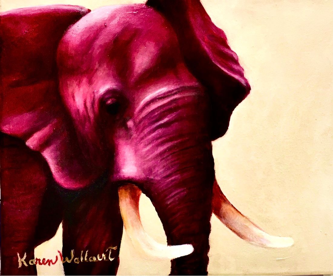 Pink elephant with tusks against a beige background.