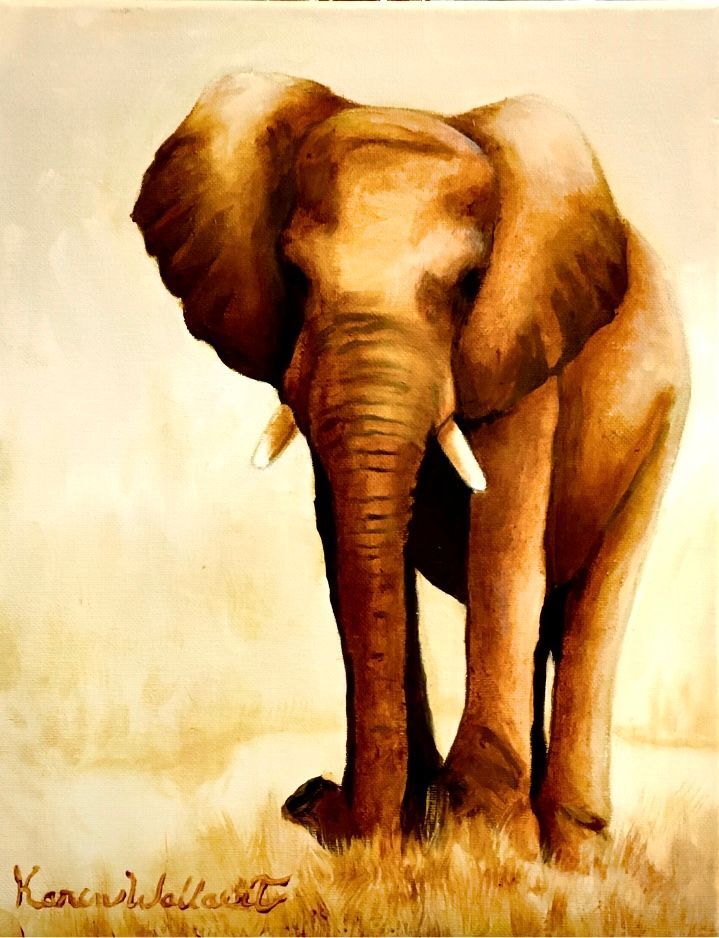 Elephant standing in tall grass, brown and tan tones.