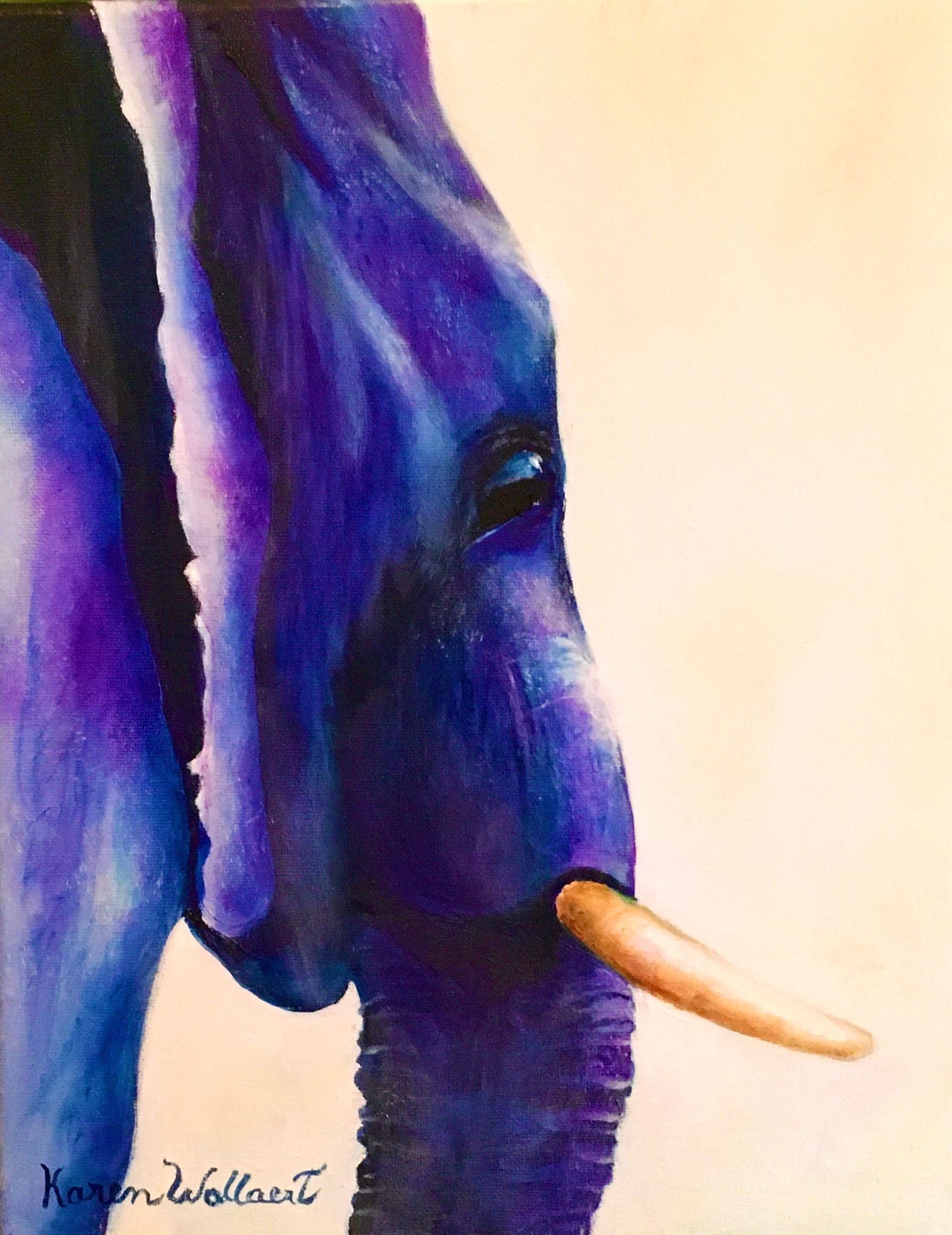 Purple elephant head profile, eye focused, tan tusk, against beige background.