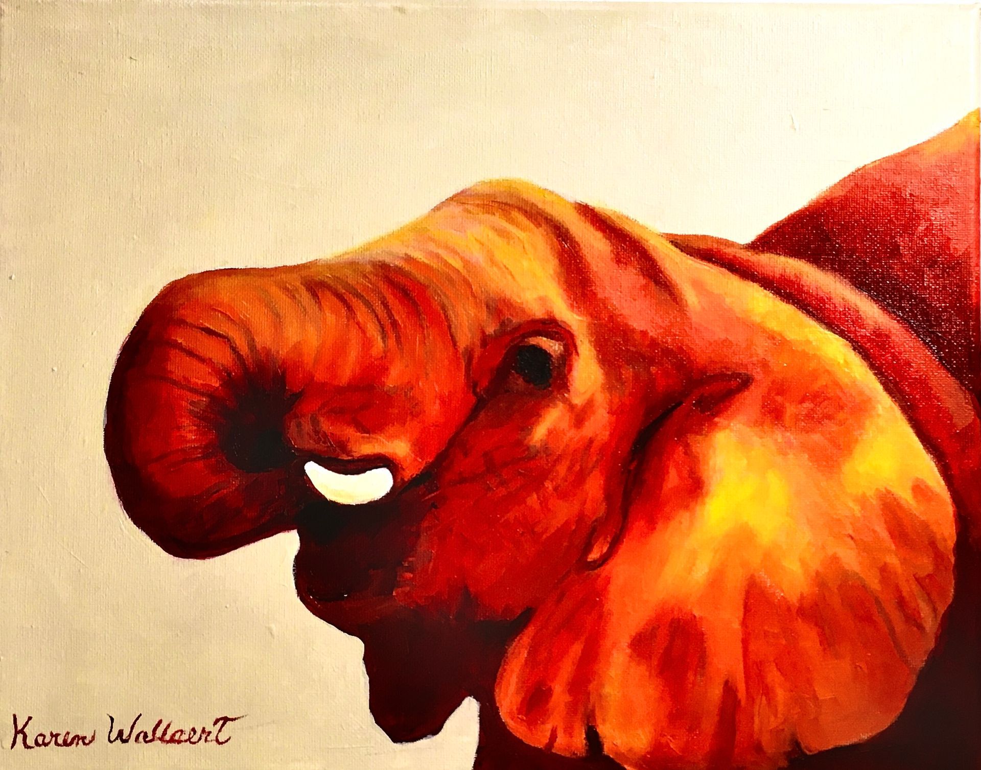 Red-orange elephant, trunk up, painted against a beige background.