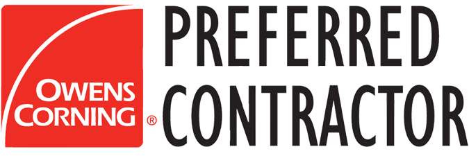 Owens Corning Preferred Contractor logo with red and white brand elements. Text reads 