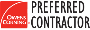 Owens Corning Preferred Contractor logo with red and white brand elements. Text reads 