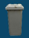 A gray trash can with a white lid on a blue background.