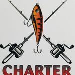 Orange fishing lure with crossed fishing rods and the word “CHARTER” below