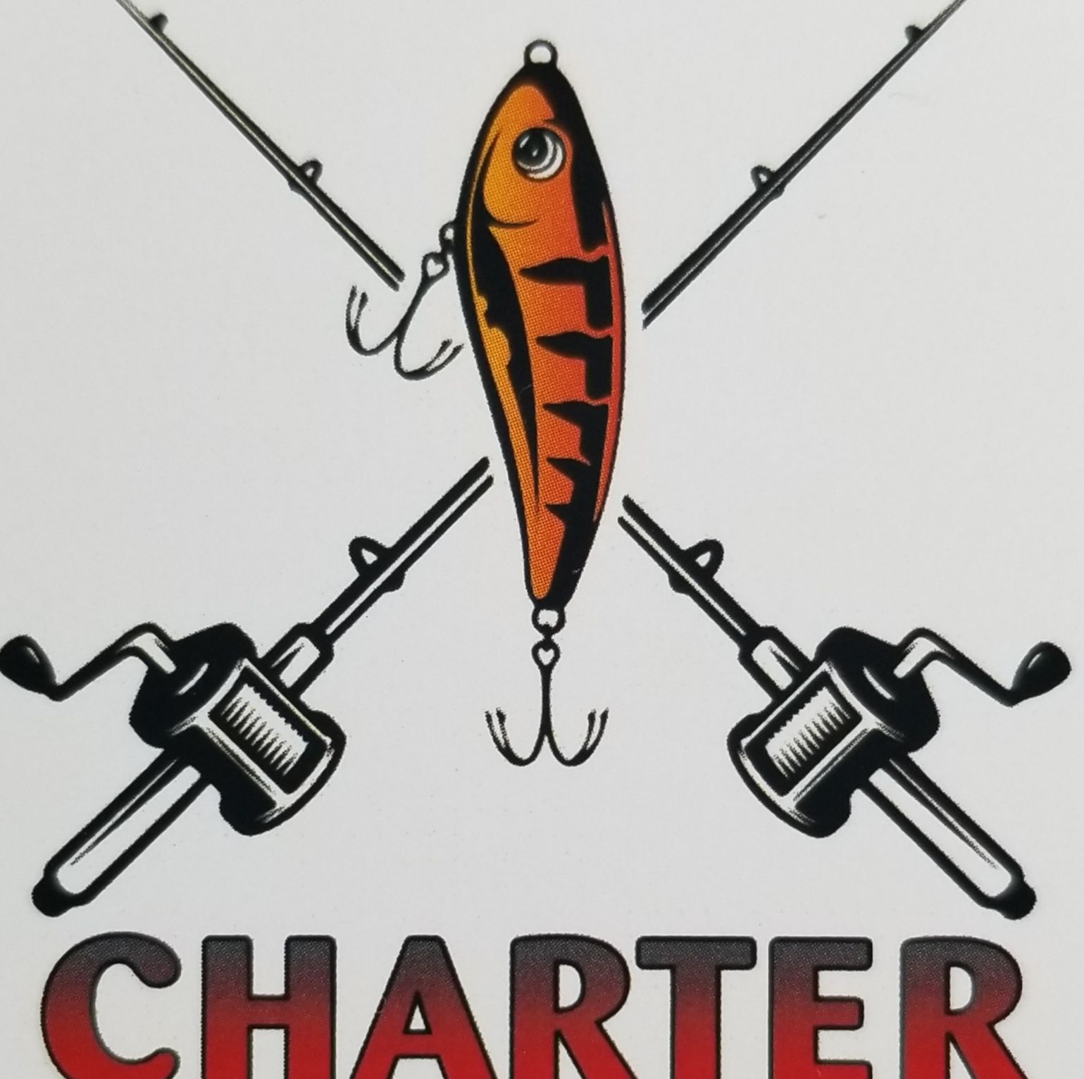 Orange fishing lure with crossed fishing rods and the word “CHARTER” below