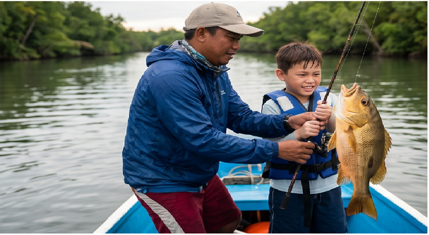 Two people fishing on a boat, holding up a large caught fish on a river.