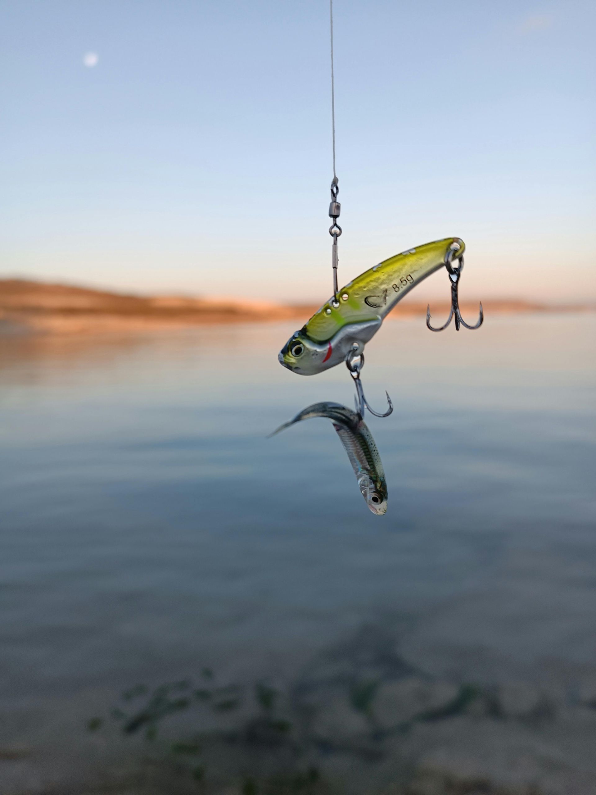Fishing lure hanging from a line over calm water at sunrise, with a blurred shoreline in the background