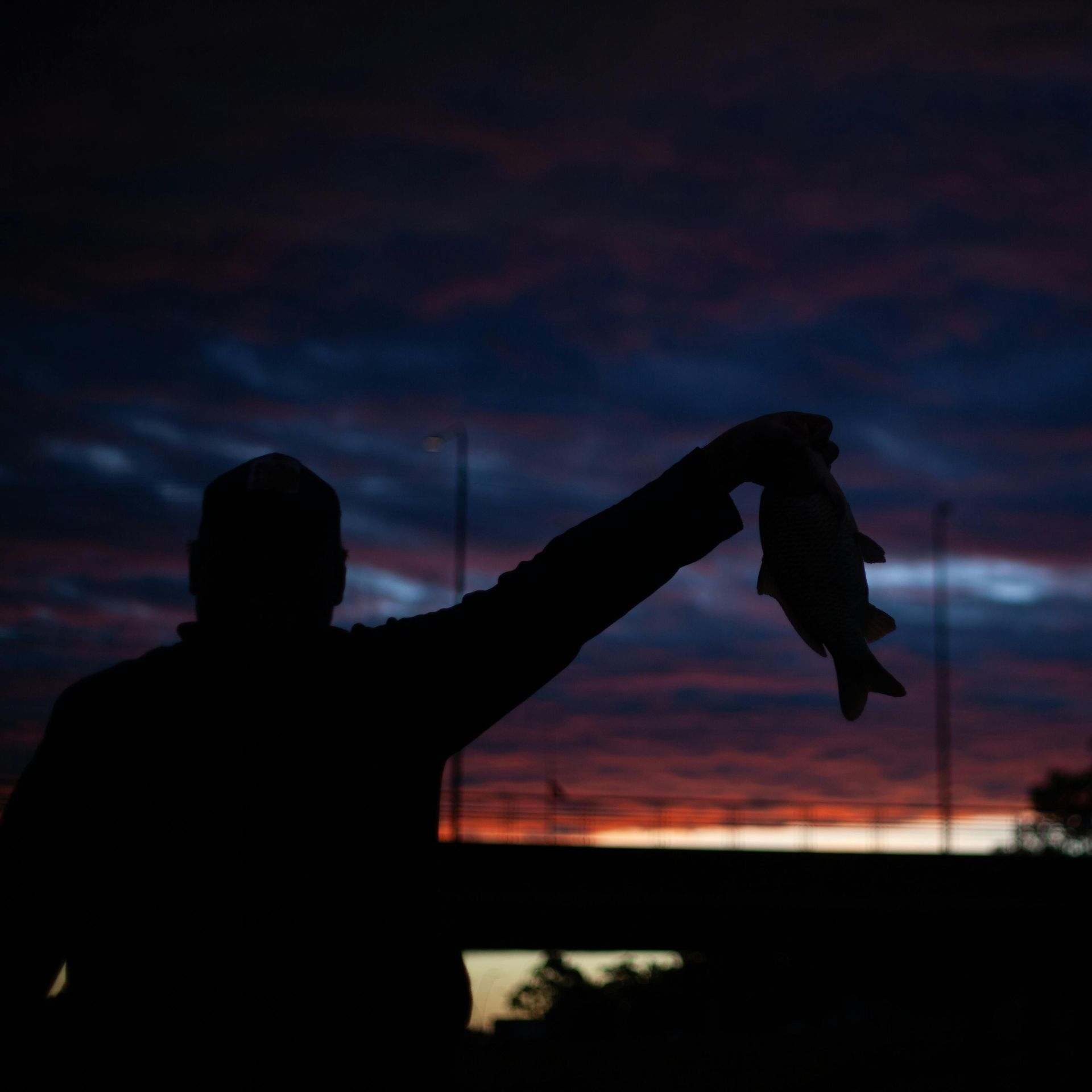 Silhouette of a person holding up a sock against a colorful sunset sky