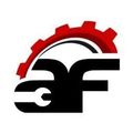 Red gear atop a stylized black AF monogram, incorporating a wrench element.