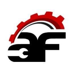 Red gear atop a stylized black AF monogram, incorporating a wrench element.
