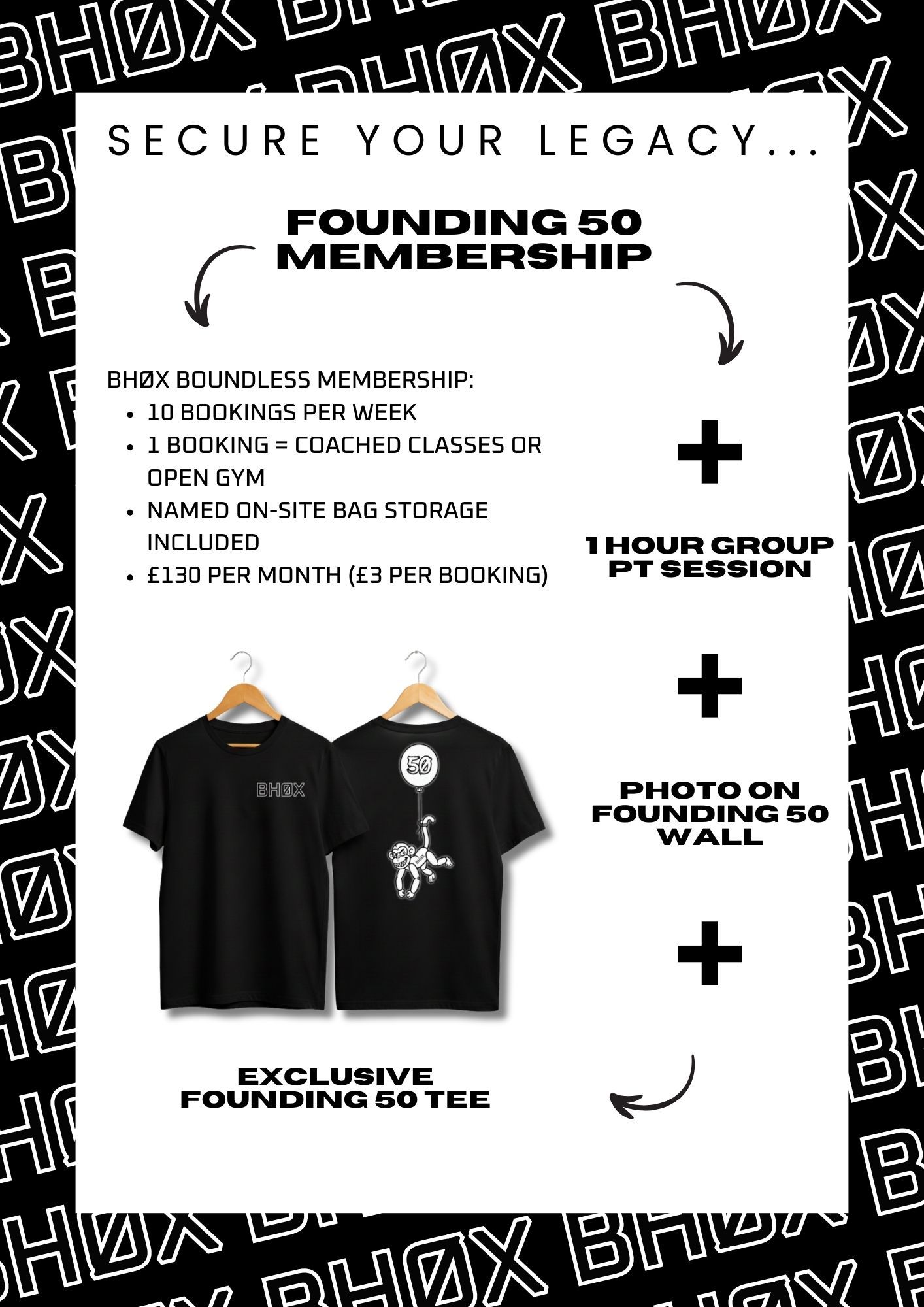 Founding 60 membership offer graphic: includes t-shirt, small group PT session, photo on wall.