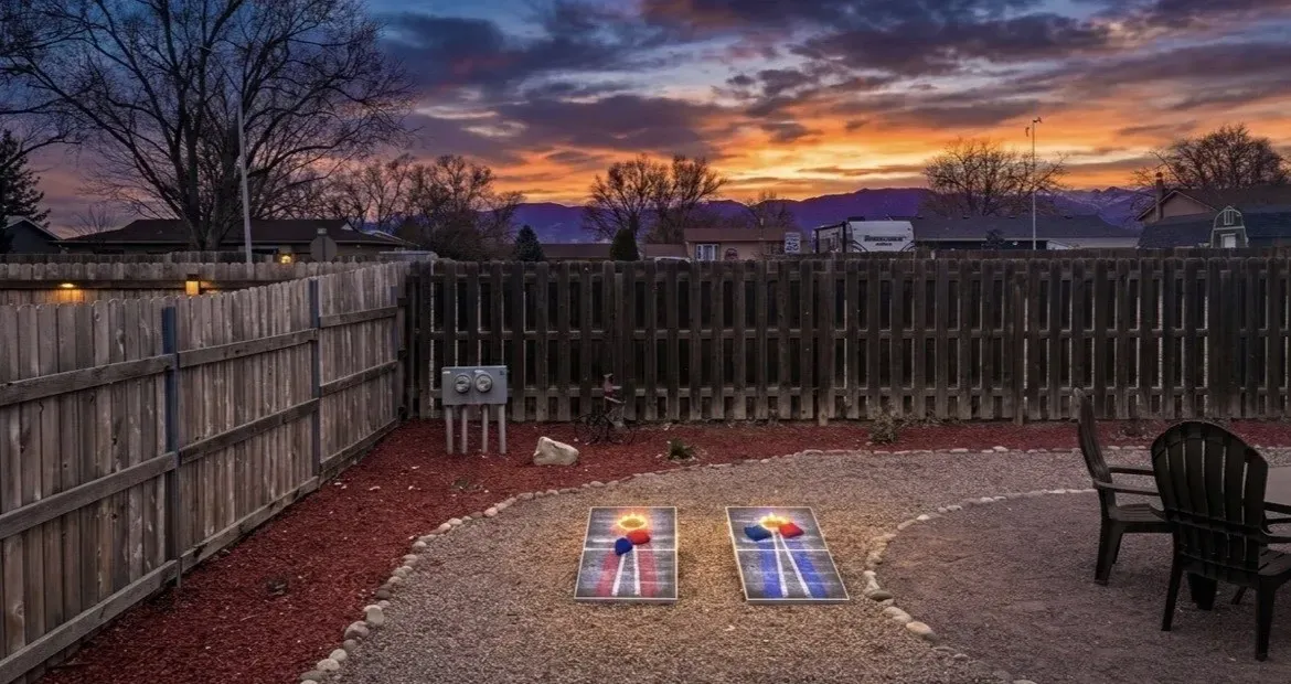 Professionally cleaned guest bathroom in Fountain, CO featuring a full shower, wooden vanity, and fresh high-quality towels for large groups and sports teams staying near Colorado Springs.
