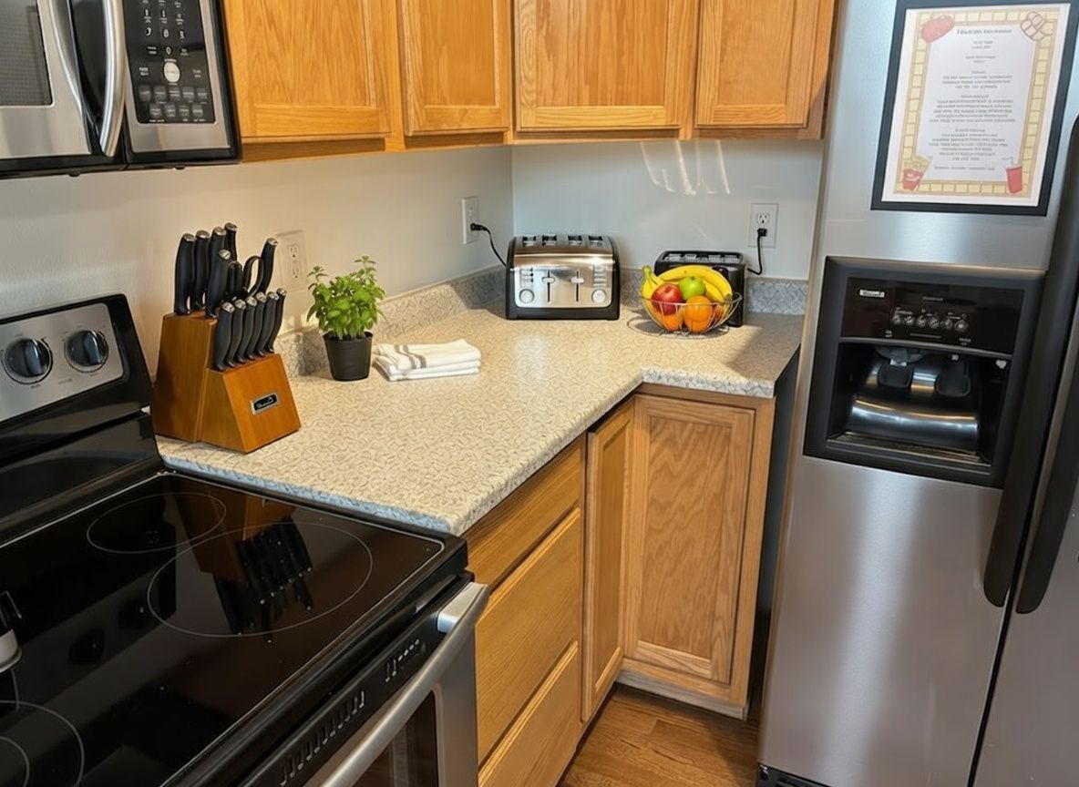 Kitchen corner with light cabinets, stainless steel appliances, and countertop with toaster and fruit.