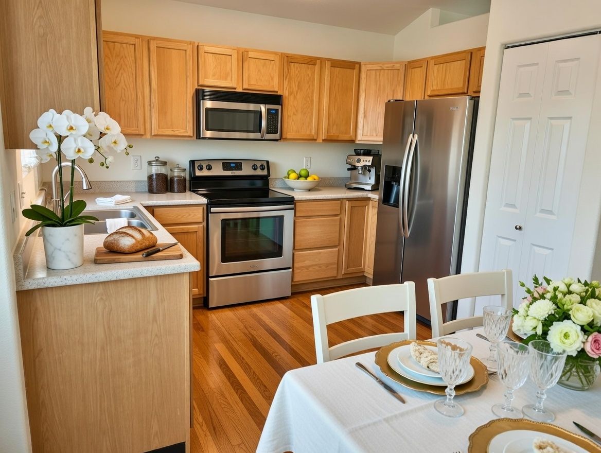 Fully equipped guest kitchen in Fountain, CO with stainless steel appliances and wooden cabinetry, featuring a large dining table for team meals and corporate group breakfasts.