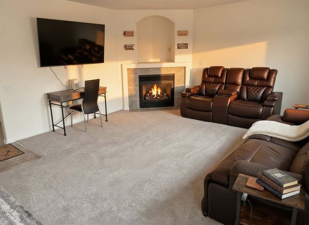 Secure living room in Fountain, CO featuring a dedicated desk for remote work, brown leather furniture, and a fireplace, ideal for Space Symposium executives and coaches visiting Pikes Peak sports venue