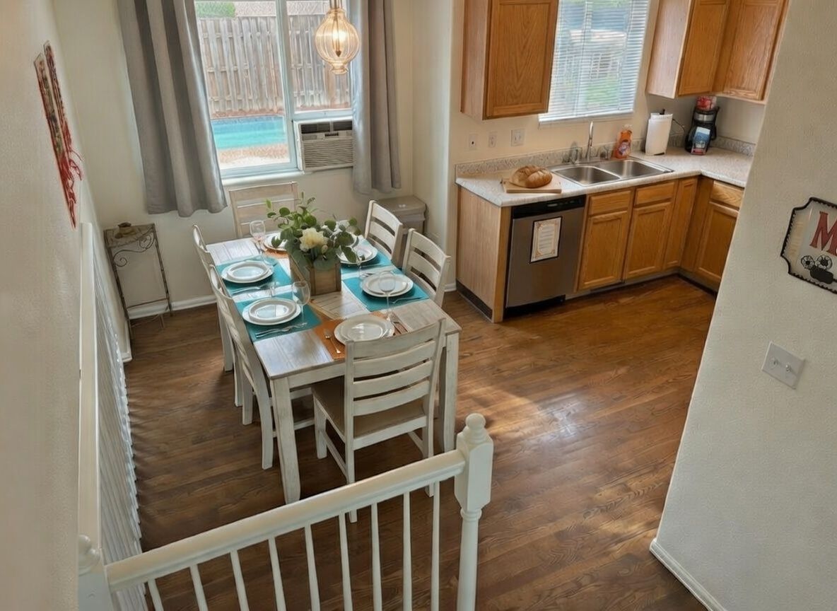 Spacious open-concept dining area and kitchen in Fountain, CO, designed for team breakfasts and large group meals near Colorado Springs sports venues.