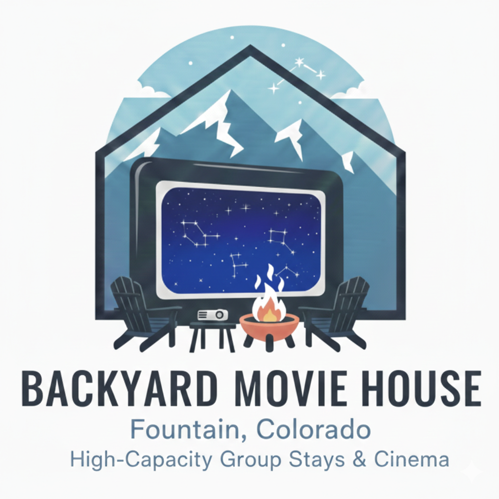 Logo: Backyard Movie House, Fountain, Colorado. Features a screen showing stars, two chairs, a fire pit, and mountains.