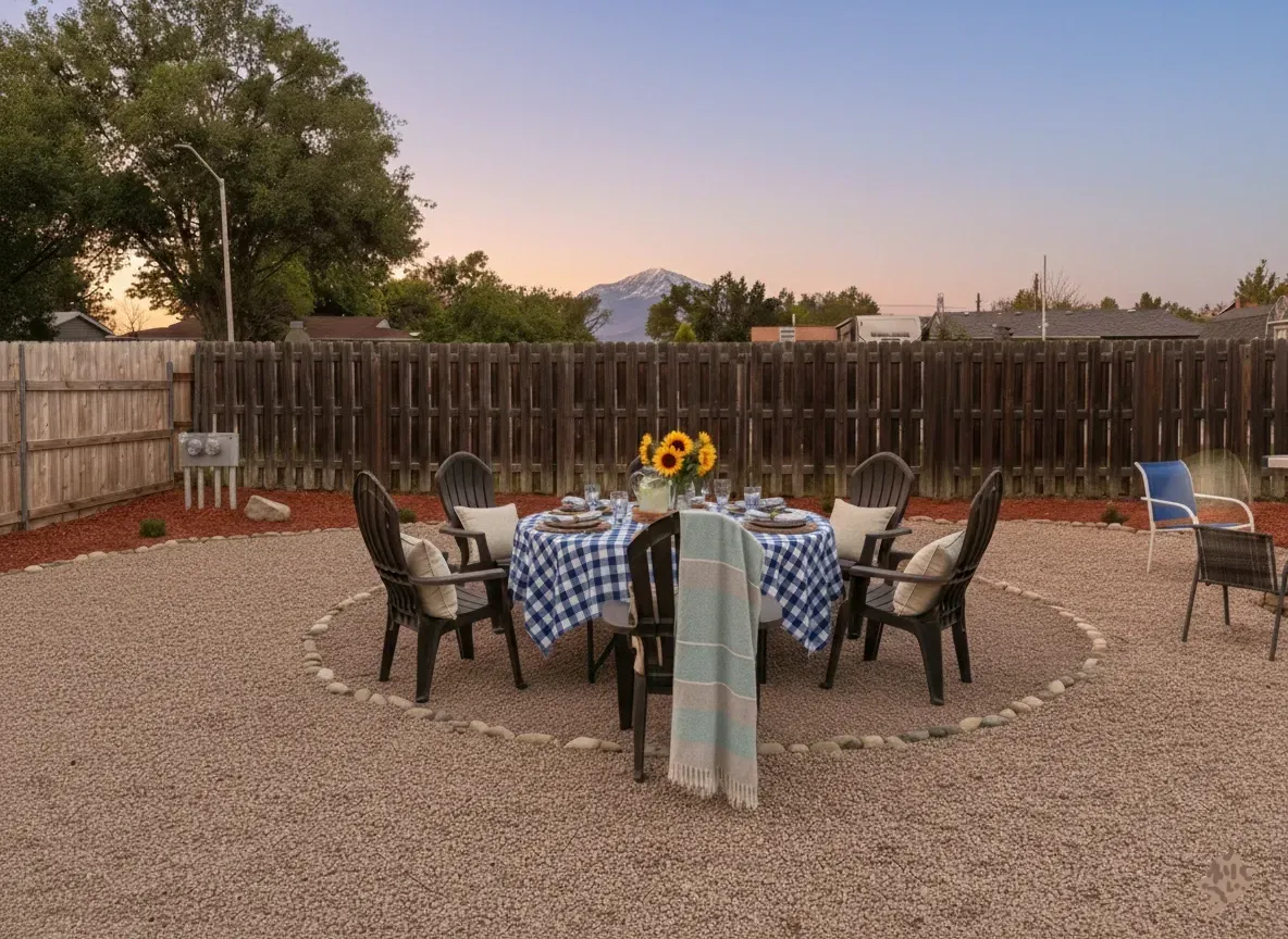 Large outdoor dining table in a private gravel yard with Pikes Peak mountain views at sunset, ideal for team dinners at our Fountain, CO vacation home.