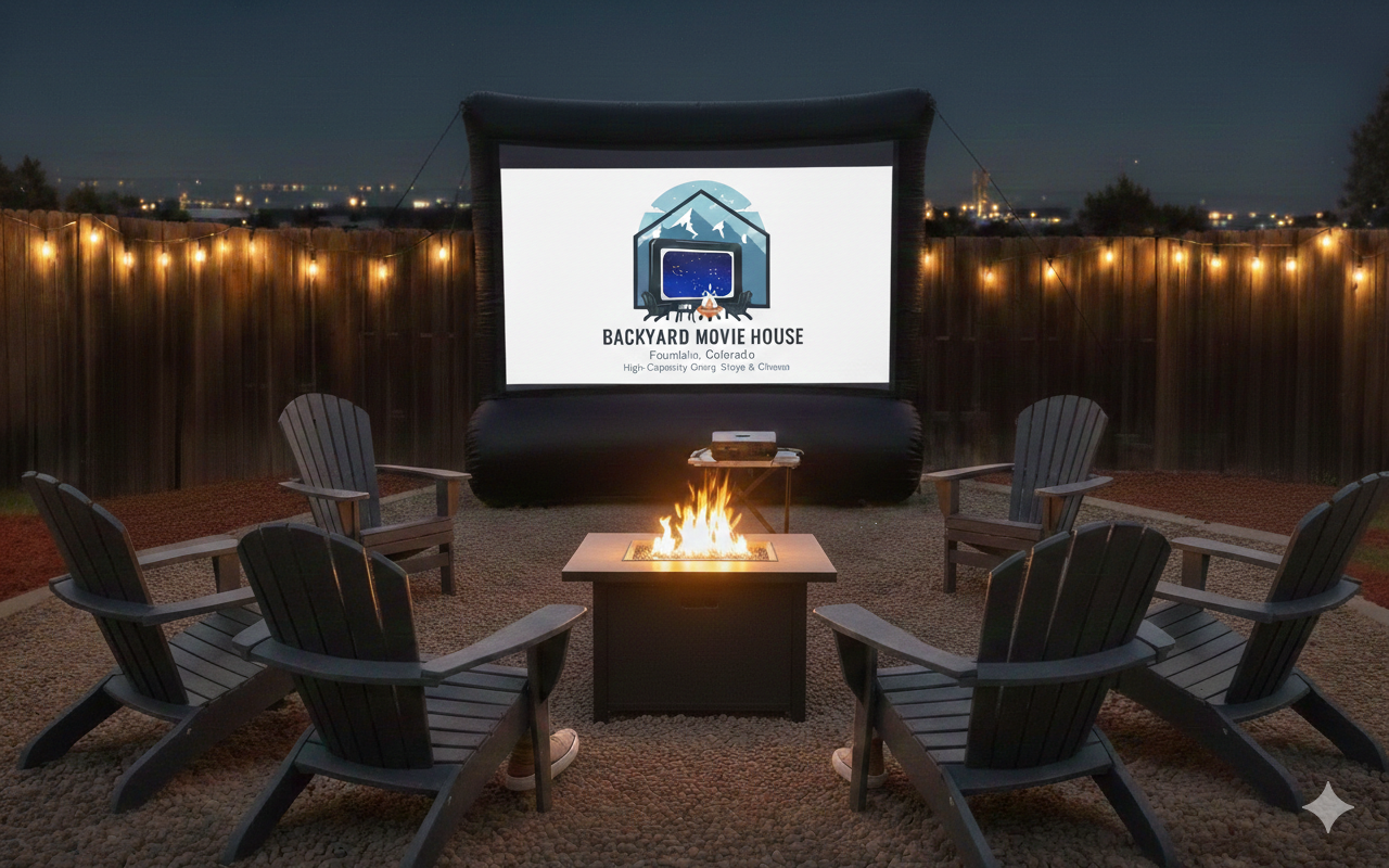 Professional backyard movie theater setup in Fountain, CO with inflatable screen, fire pit, and string lights—a signature amenity for team bonding and corporate retreats near Colorado Springs.