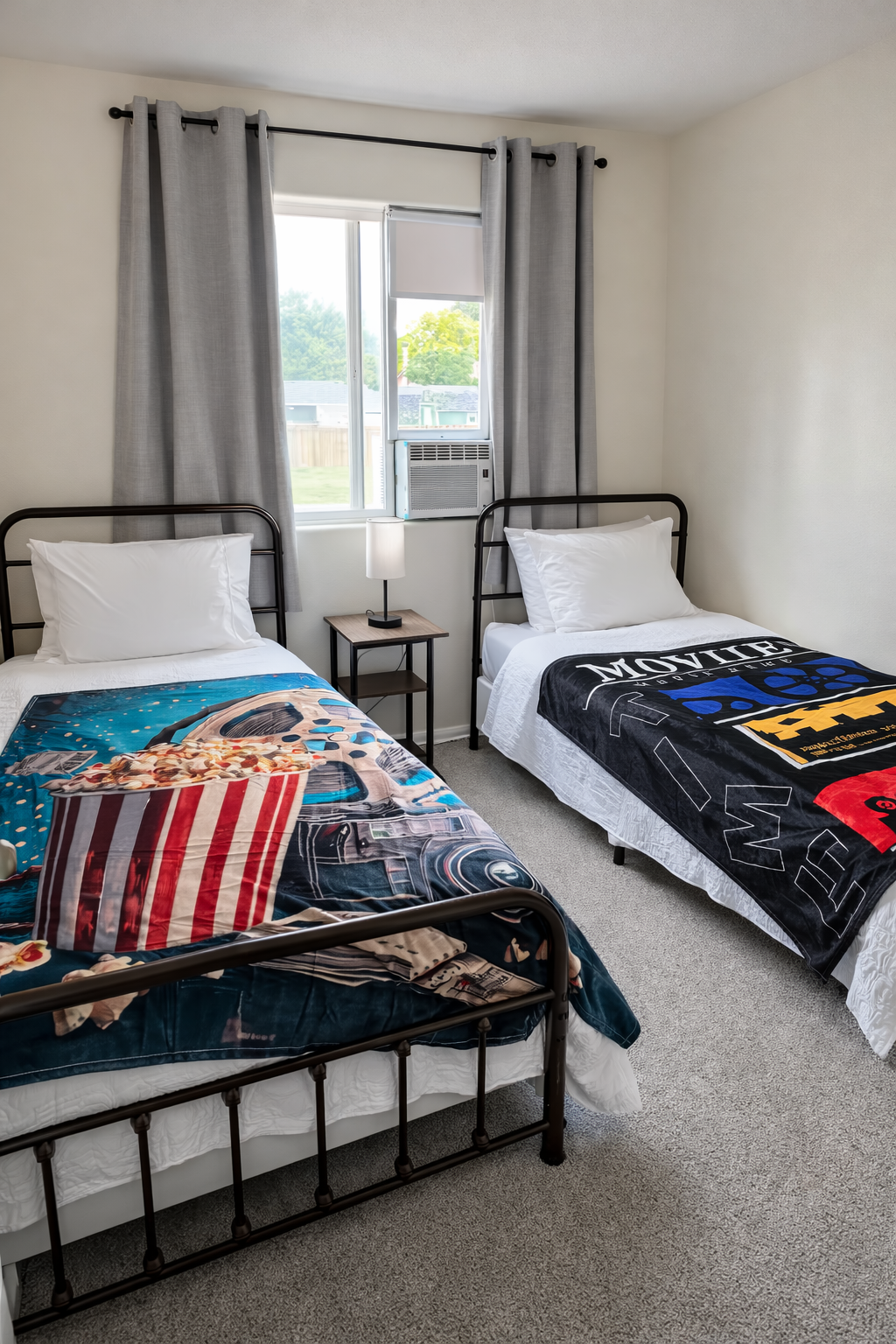 Two twin beds with individual themed blankets in our Fountain, CO rental, providing separate sleeping for 2 athletes just 14 minutes from Sky View Sports Complex and El Pomar Youth Sports Park.