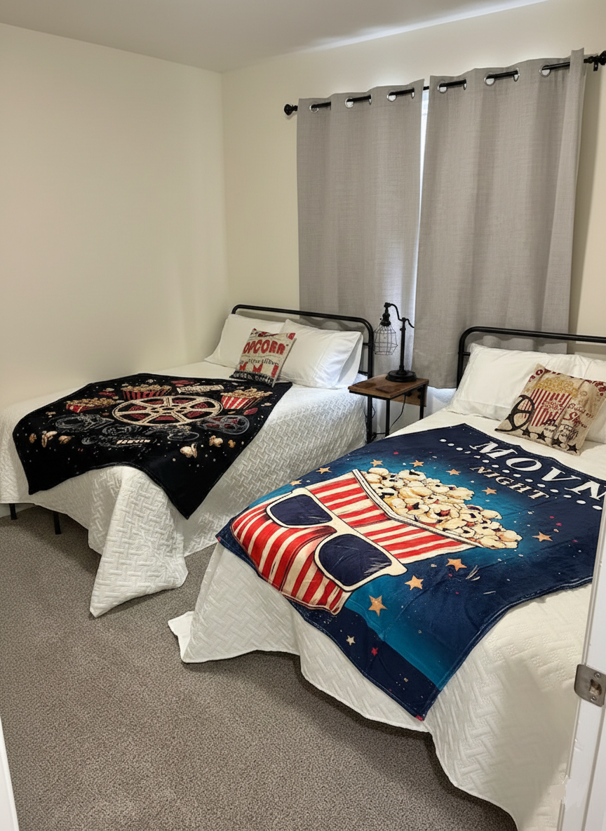 Bedroom with two full-sized beds and movie themed bedding, offering flexible high-capacity lodging 6 minutes from I-25