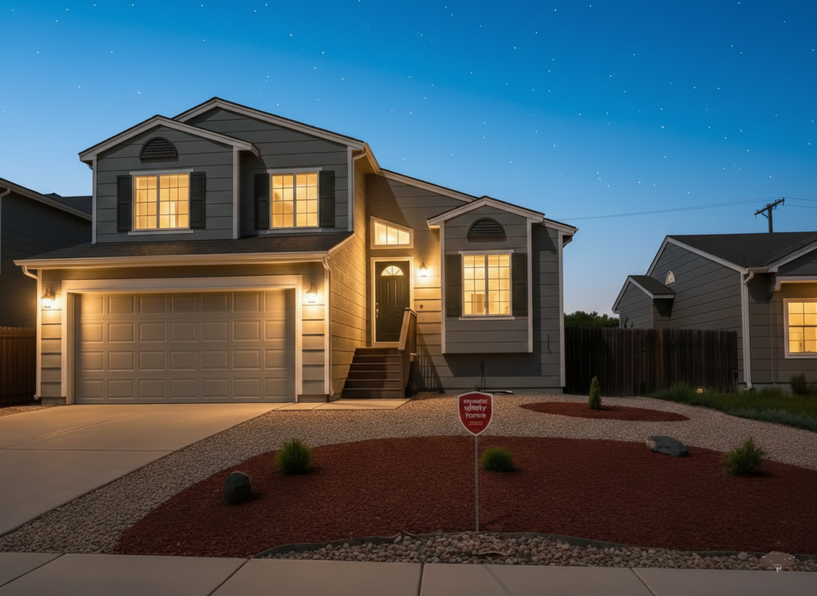 Secure two-story vacation rental in Fountain, CO featuring a large driveway and professional landscaping, located 6 minutes from I-25 for easy access to Colorado Springs sports complexes.