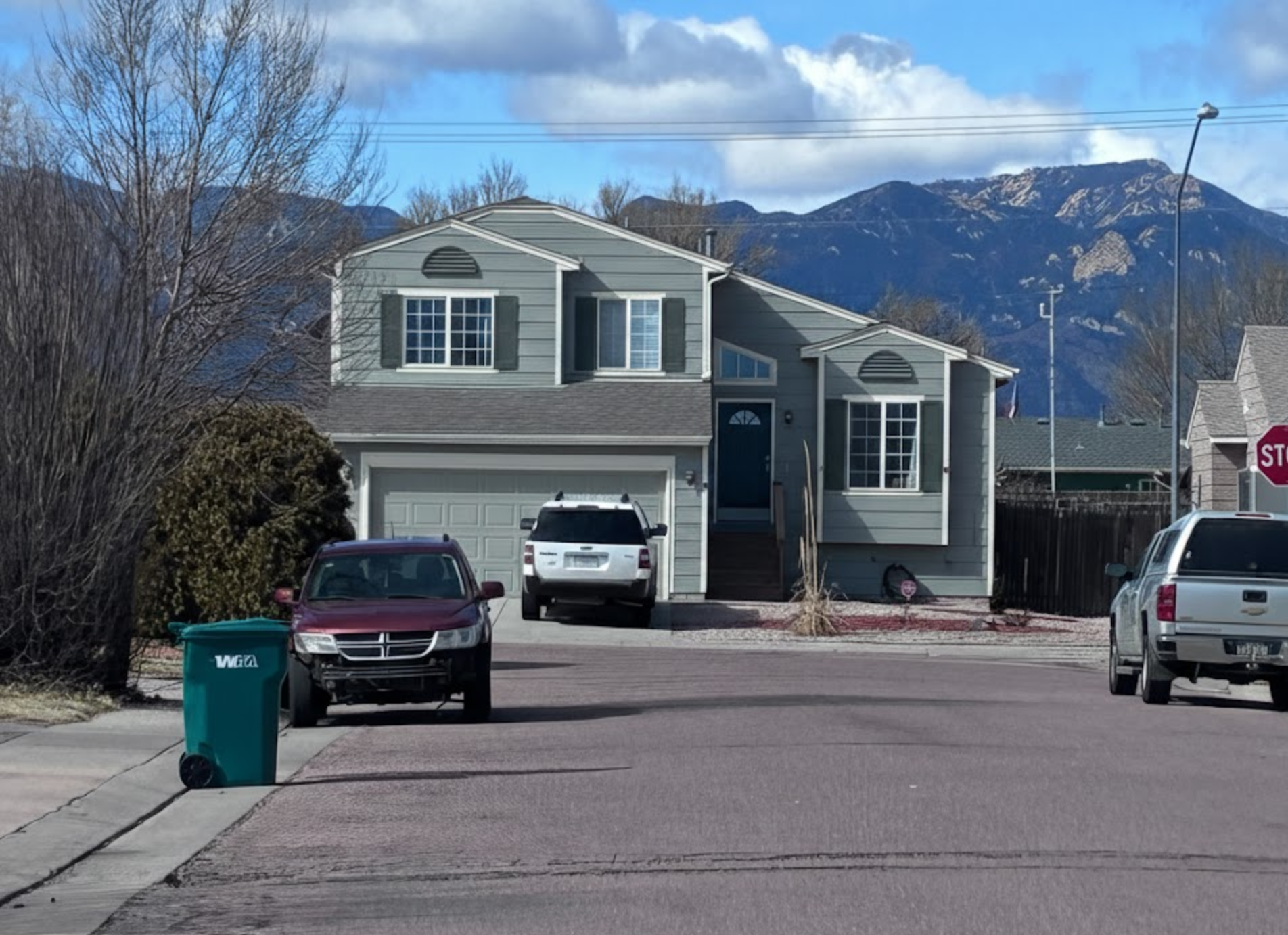 Secure two-story vacation rental in Fountain, CO featuring a large driveway and professional landscaping, located 6 minutes from I-25 for easy access to Colorado Springs sports complexes.