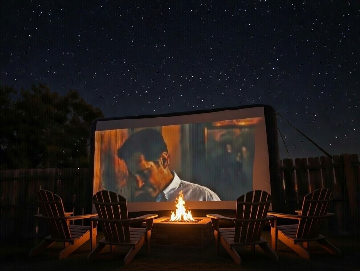 Private outdoor movie theater with an inflatable screen, Adirondack chairs, and a fire pit at our Fountain, CO home base, perfect for sports team bonding and family movie nights near Colorado Springs.