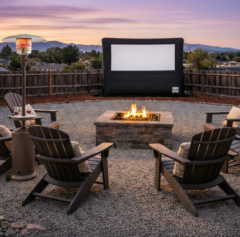Private outdoor entertainment area at our Fountain, CO vacation rental featuring a fire pit and cinema screen, designed for team bonding and evening relaxation near Colorado Springs.