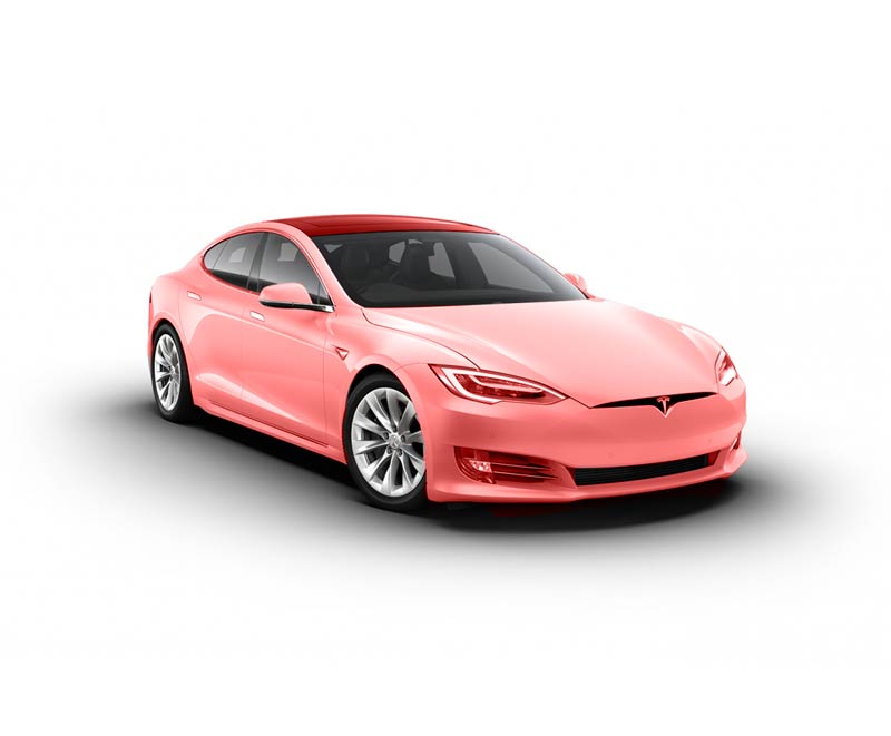A pink tesla model s is on a white background.