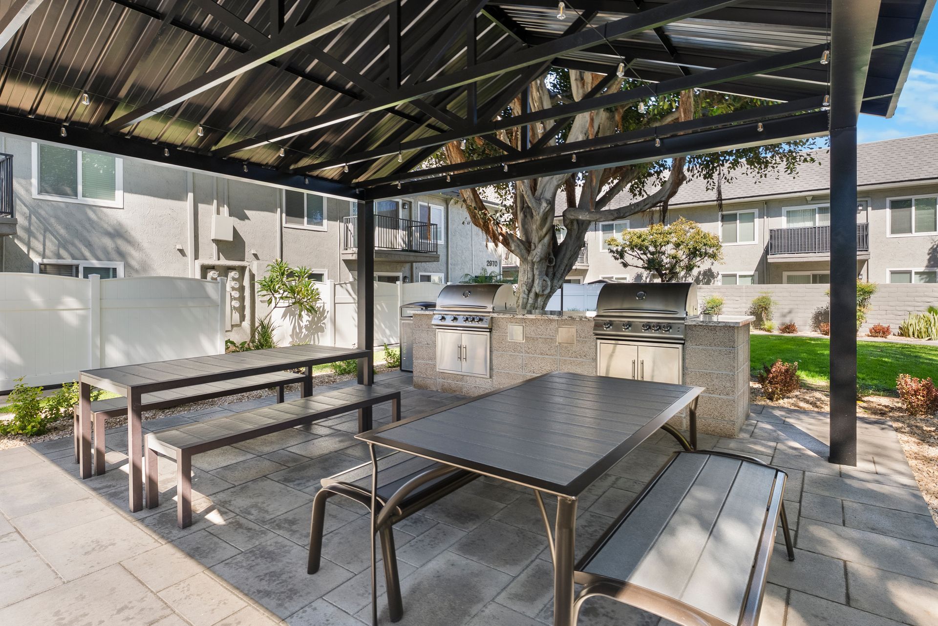 picnic tables and BBQ grills