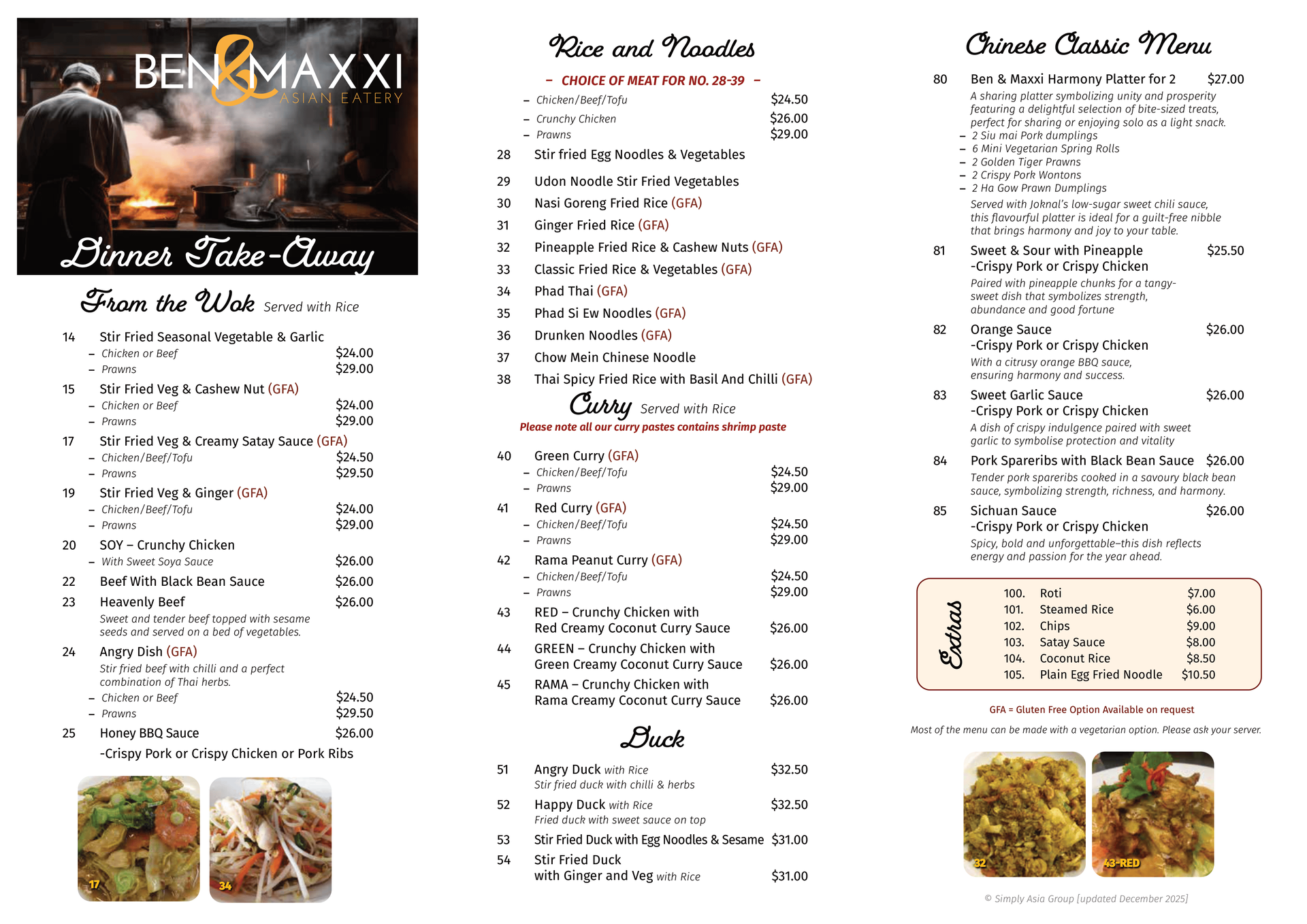 A menu for a restaurant called ben maxx