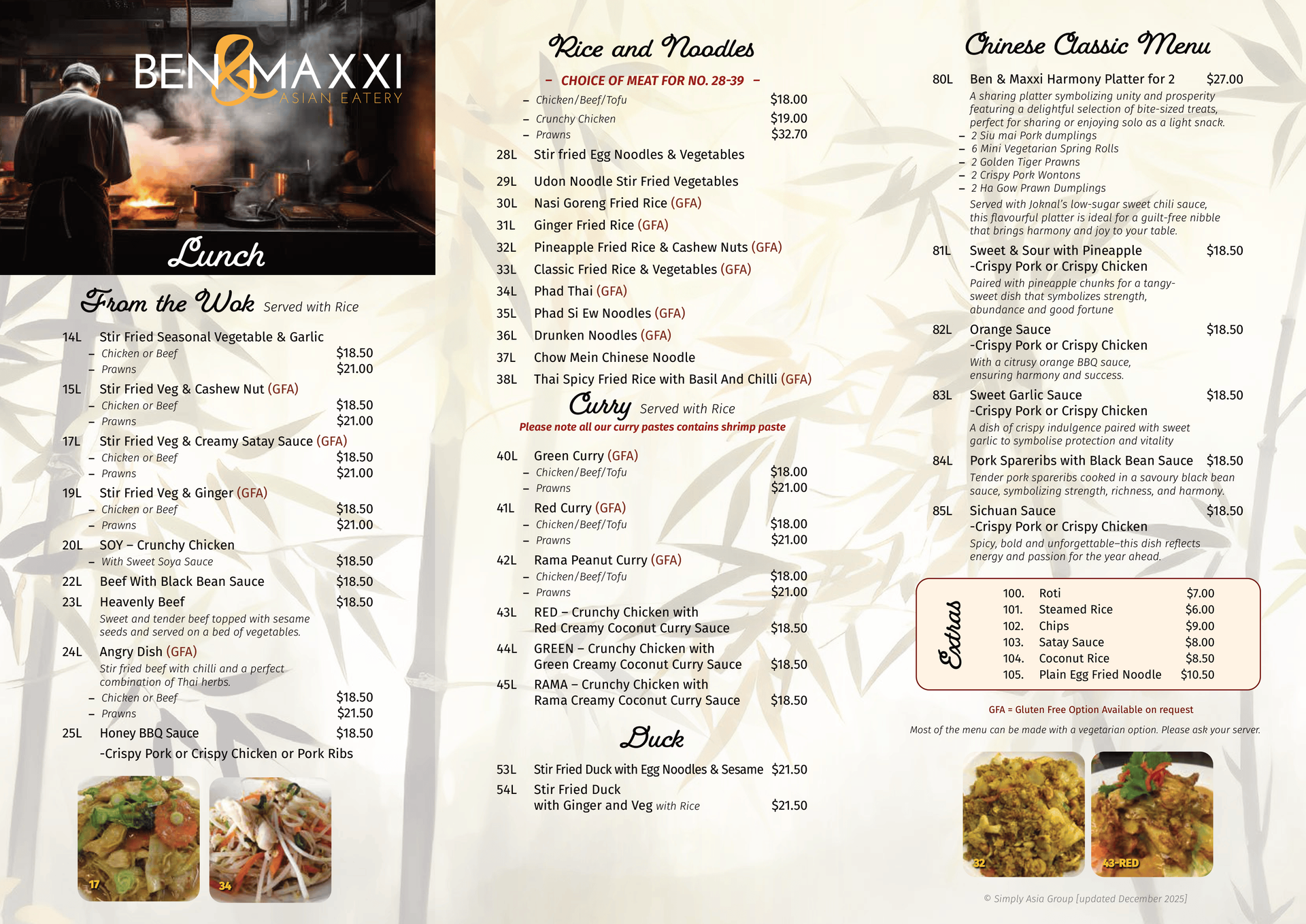 A menu for a restaurant called ben & maxxi