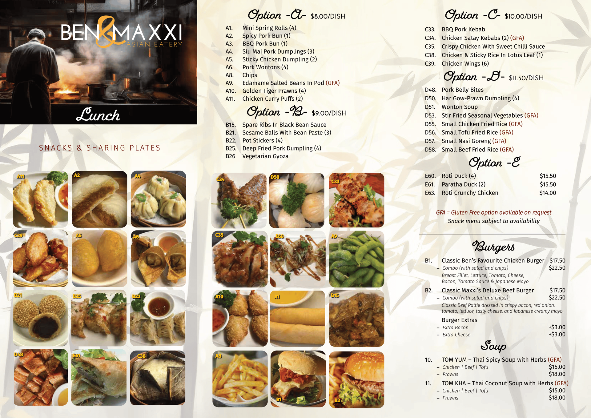A menu for ben & maxxi shows a variety of food