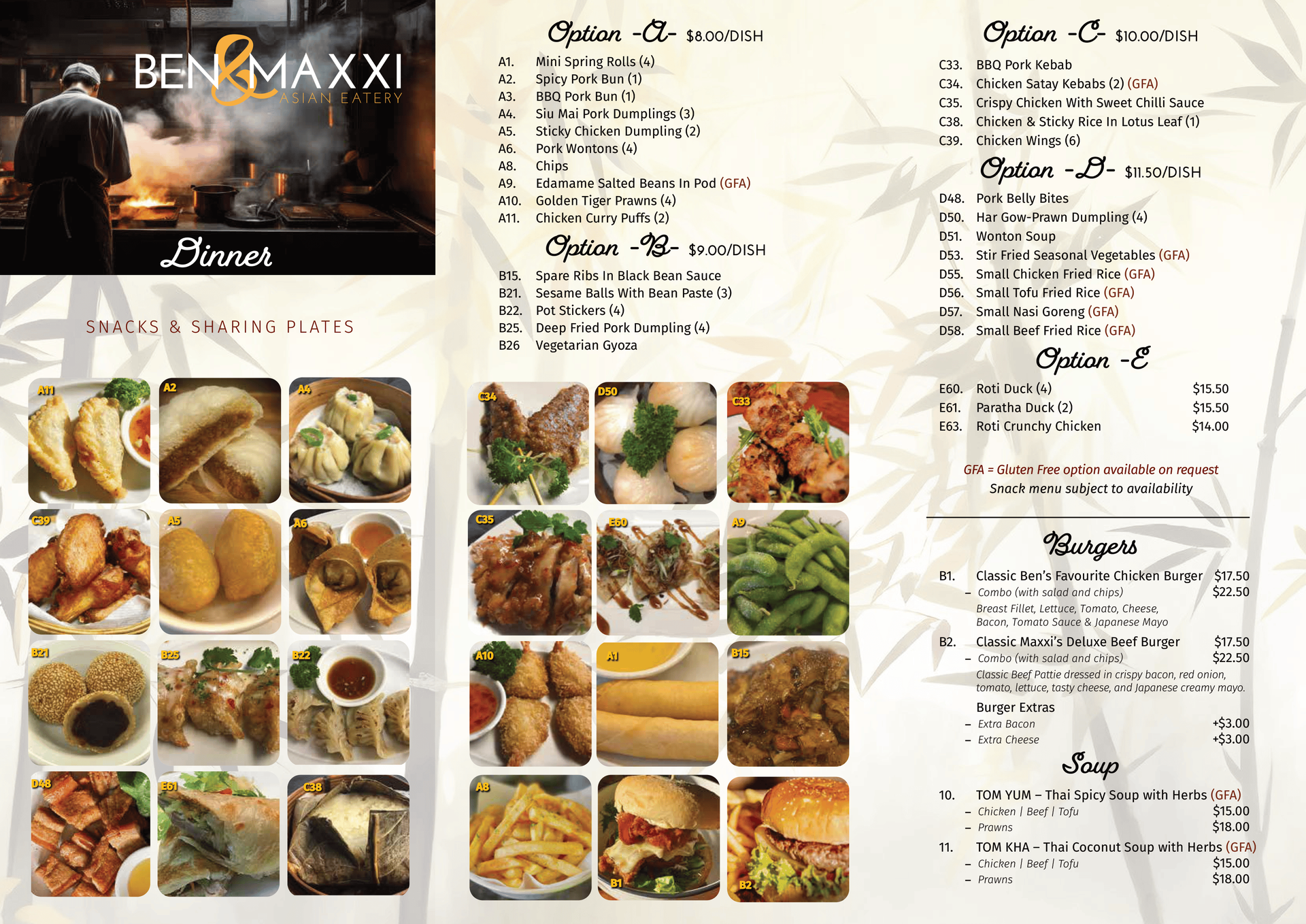 A menu for a restaurant called ben max xi