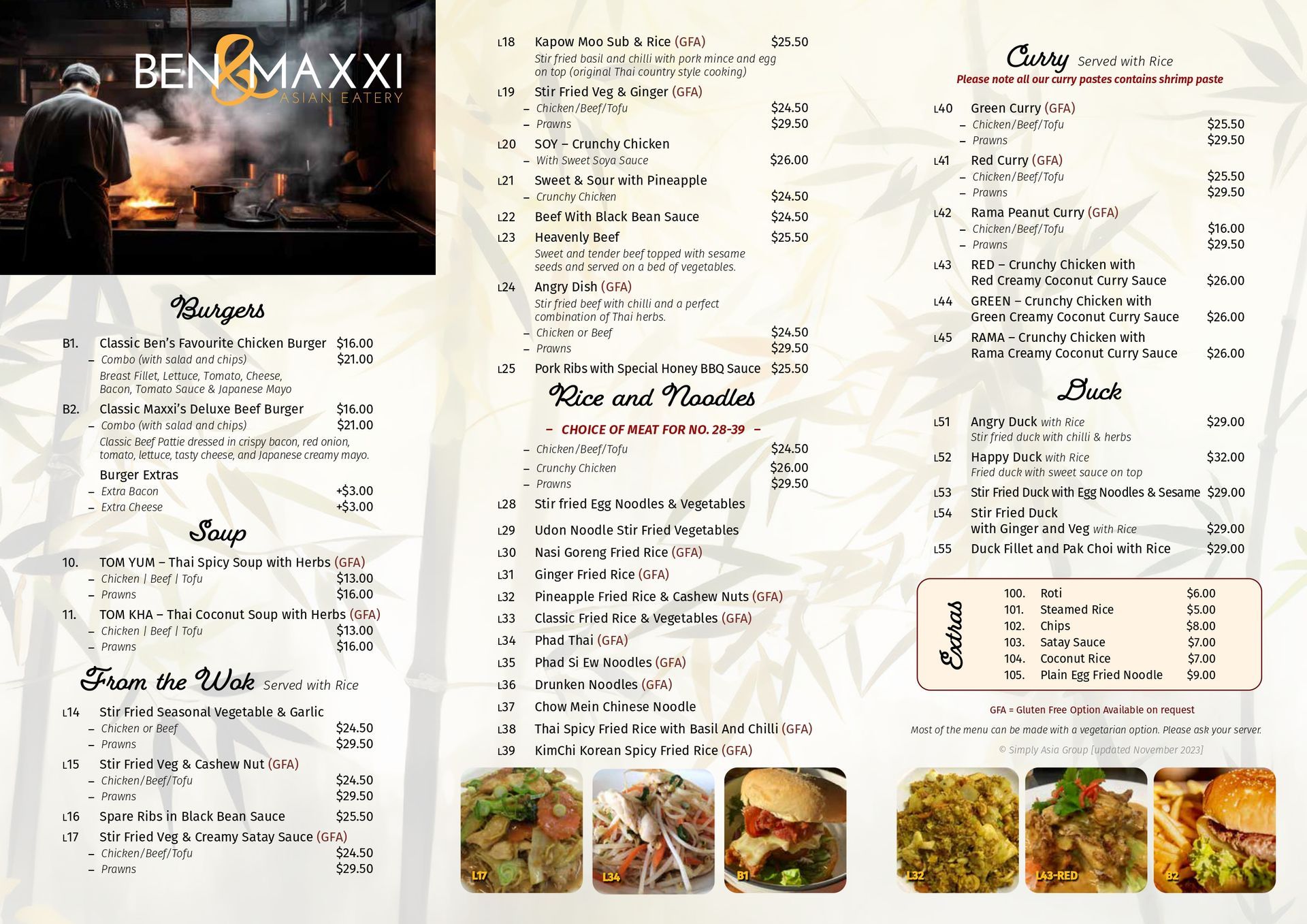 A menu for a restaurant called ben maxx