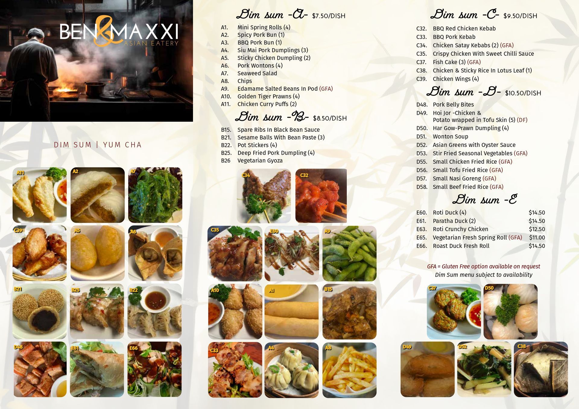 A menu for a restaurant called ben max xi