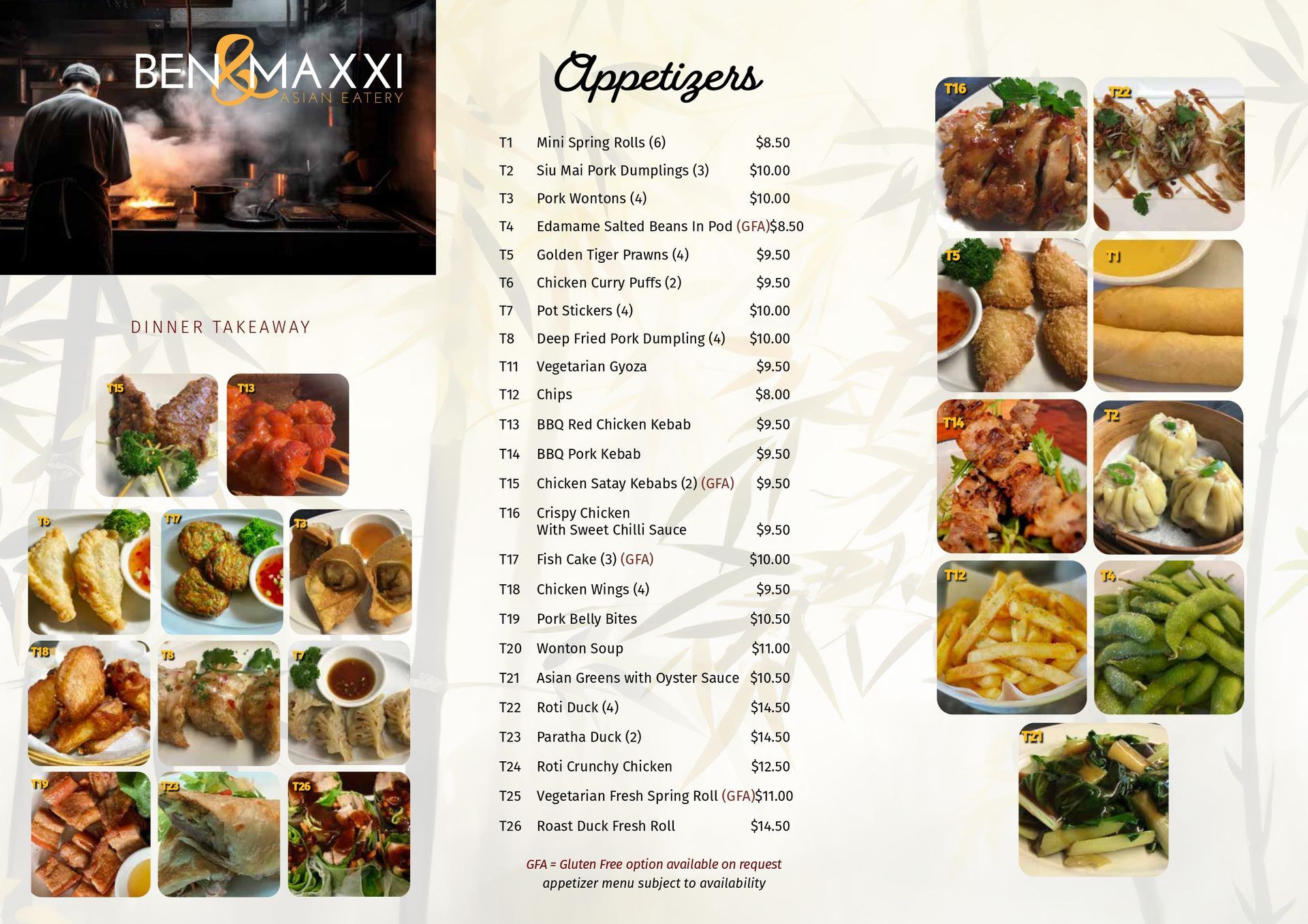 A menu for a restaurant with appetizers on it