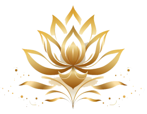A gold lotus flower with leaves on a white background