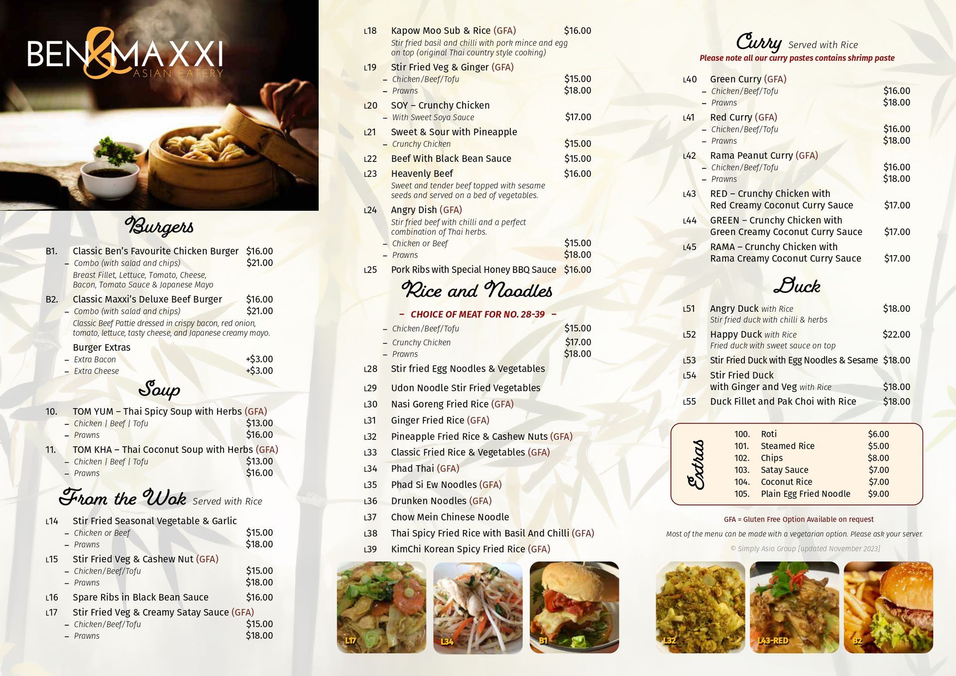 A menu for a restaurant called ben & maxxi