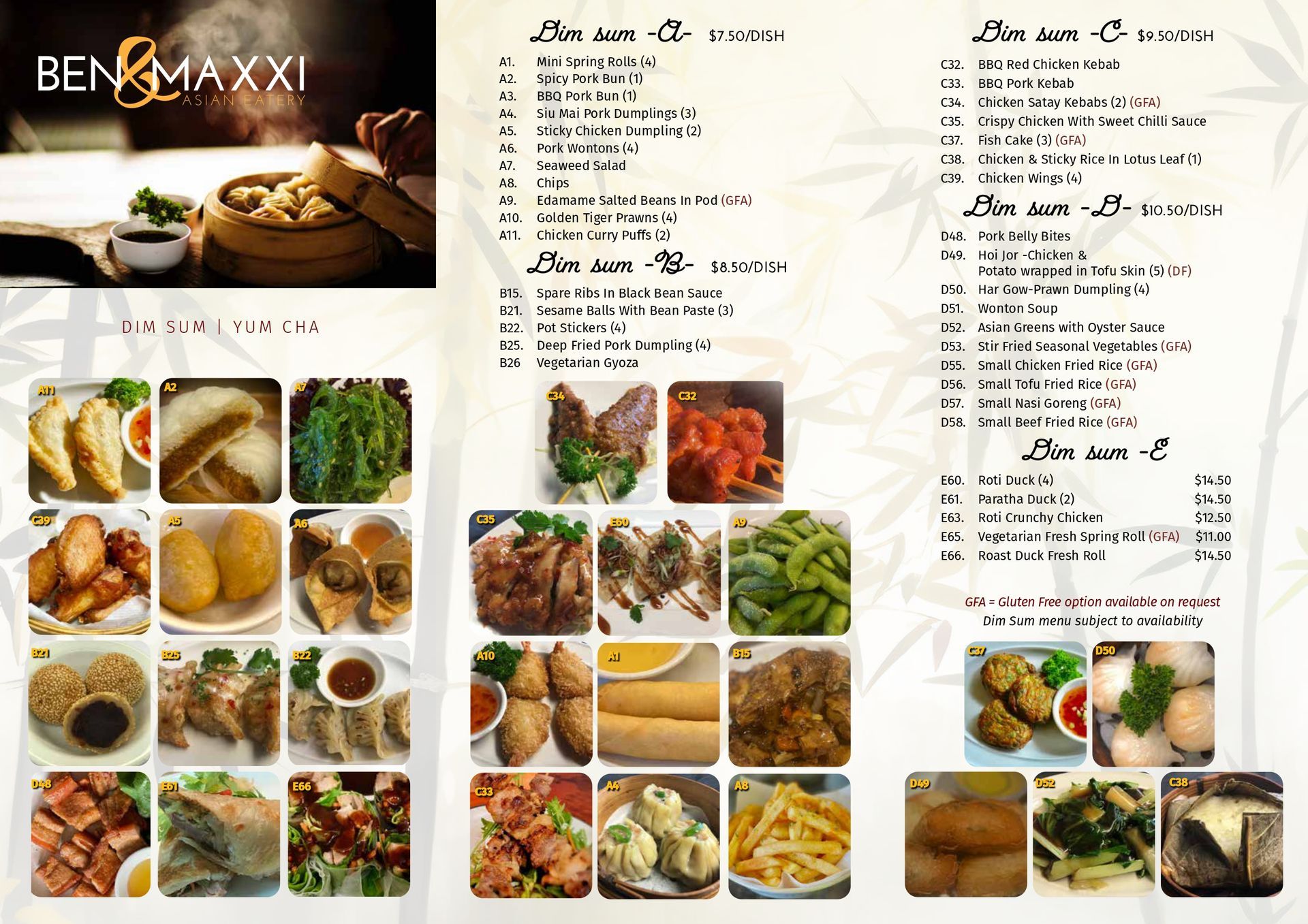 A menu for ben & maxxi shows a variety of food