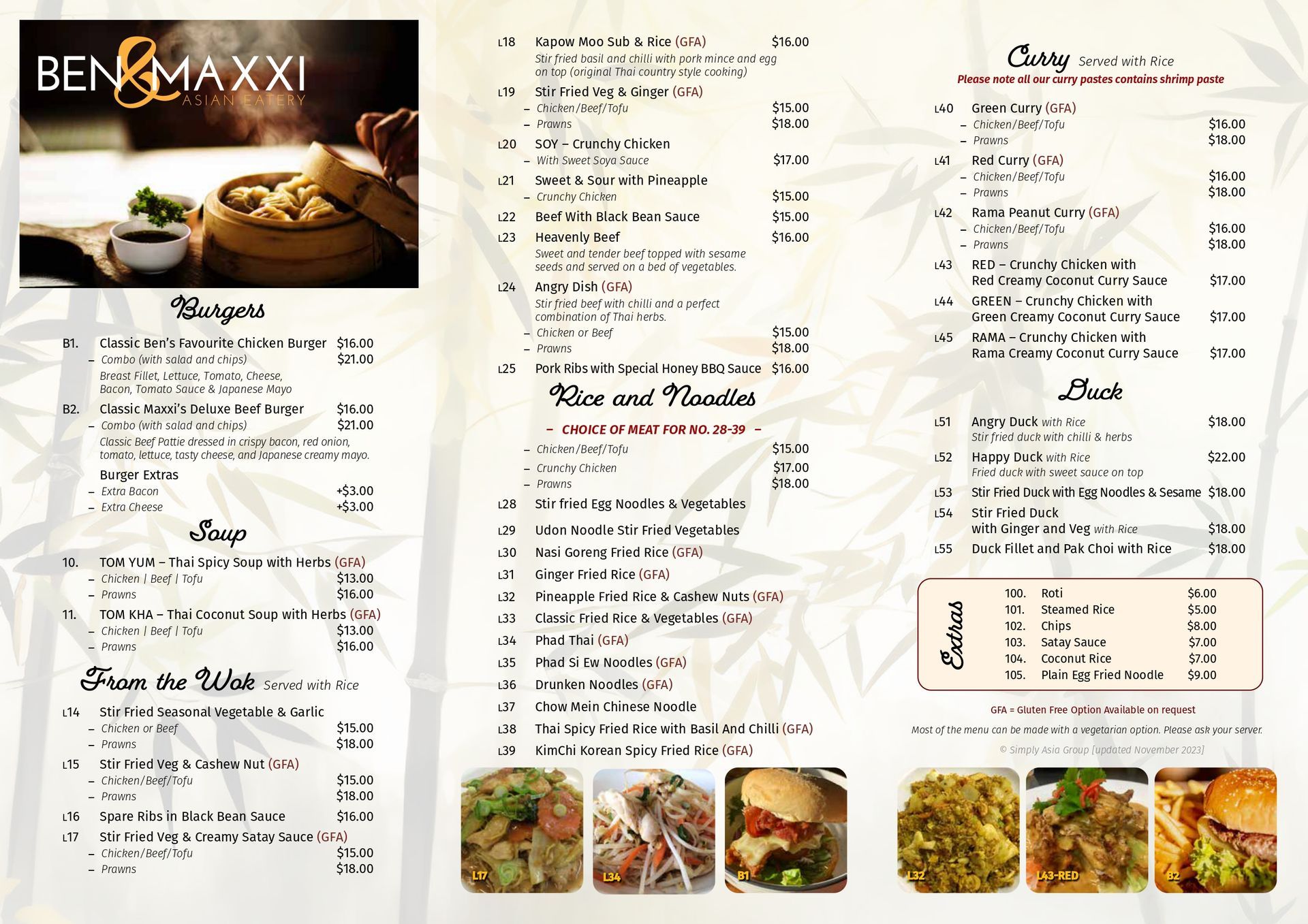 A menu for a restaurant called ben & maxxi