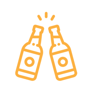 Two bottles of beer are toasting each other on a white background.