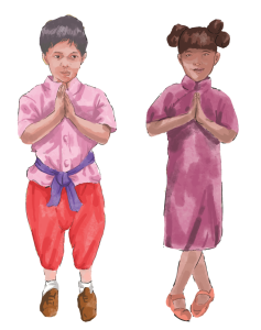 A boy and a girl are standing next to each other with their hands folded