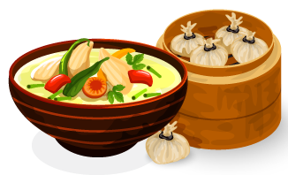 A bowl of soup next to a basket of dumplings.