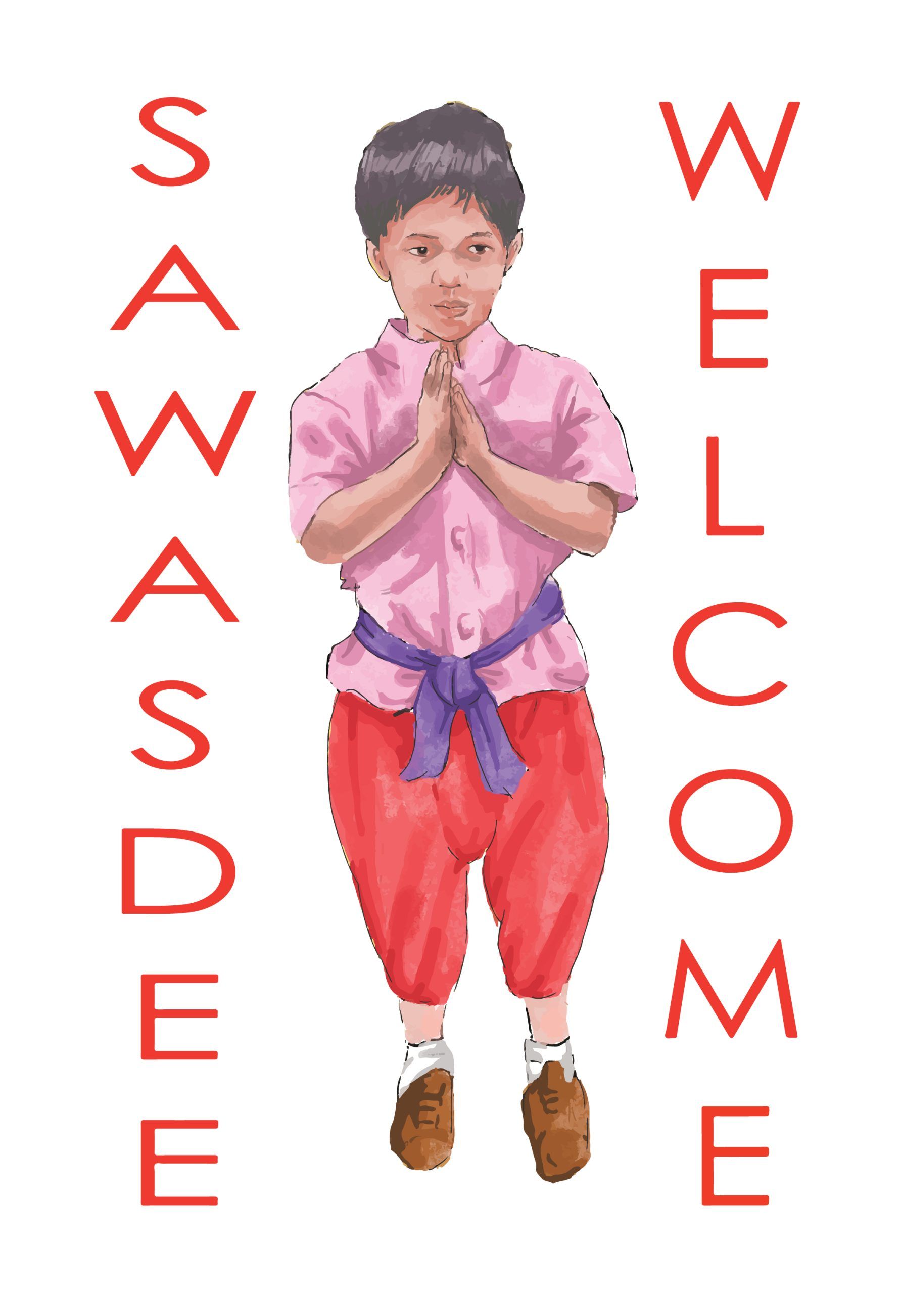 A boy in a pink shirt and red pants is standing in front of a welcome sign