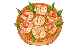 A wooden tray filled with dim sum and shrimp on a white background.
